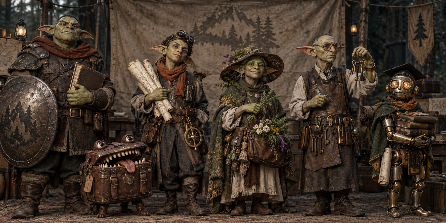 Six unusual expedition applicants pose for a formal field-office photograph.